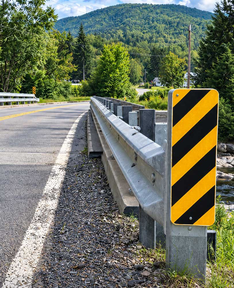 Yellow Striped Roadside Marker By Wooded Guardrail